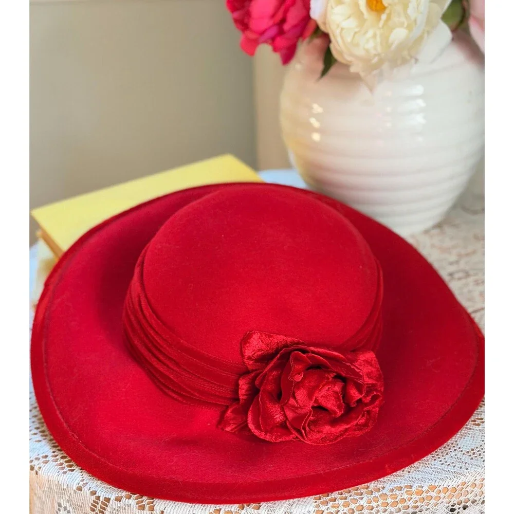 Vintage Red Wool Cloche Hat | Marshall Field’s Scala Wide Brim Floral Accent